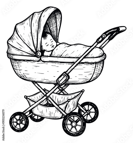 A peaceful infant gently sleeping inside a classic pram with a protective canopy, conveying the comfort and serenity of early childhood for parenting resources and new baby announcements.
