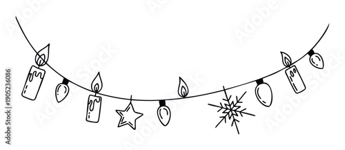 Doodle Christmas garland with burning candles, light bulbs, star, and snowflake hanging on a string, perfect for festive winter season graphic assets and decorative elements