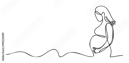 Minimalist one line drawing portraying a serene expectant mother cradling her abdomen, suitable for healthcare posters, baby shower invites, or tranquil lifestyle media presentations.