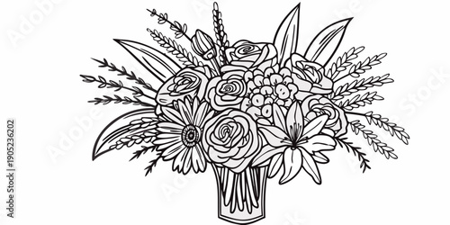 A detailed black and white illustration of a bouquet in a vase
