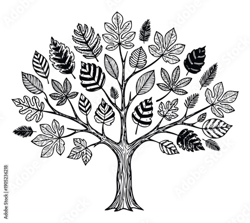 Stylized black and white tree with a variety of different leaves offering a natural and organic graphic element suitable for branding, print materials, or educational purposes.