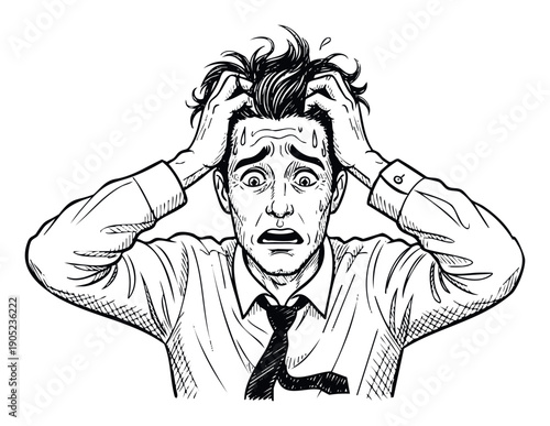 Stressed man with messy hair and wide eyes expressing extreme frustration and panic suitable for business crisis or emotional distress concepts