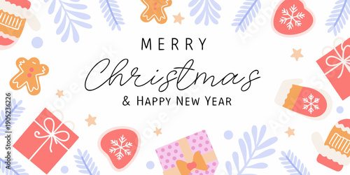 Festive christmas background with gifts cookies snowflakes and cheerful handwritten lettering