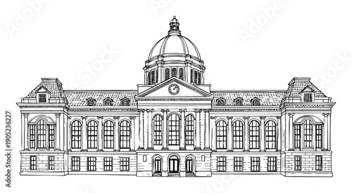 Architectural rendering of an imposing federal building showcasing a classical dome and symmetrical facade with numerous windows, ideal for historical studies or educational publications.