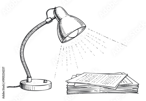 Handdrawn sketch of a flexible desk lamp illuminating a stack of documents, perfect for educational materials, office stationery, or graphic design projects.
