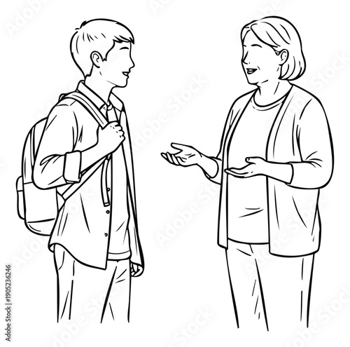 Young male student with a backpack converses with an older female mentor, symbolizing educational guidance and intergenerational communication, ideal for various school programs and