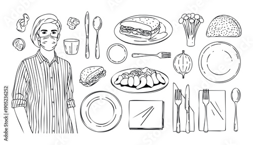 Drawing of a person in a face mask with various dishes and dining cutlery, suitable for food service health safety, restaurant menu design, and modern dining experience promotions.