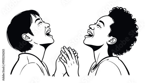 An Asian woman and a Black woman sharing a moment of pure joy and laughter with clasped hands, perfect for projects celebrating community, diversity, and shared happiness.