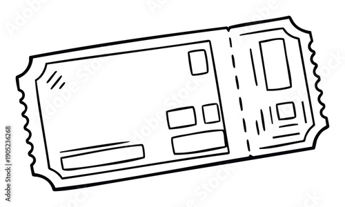 Blank outline drawing of a classic event admission ticket with a tearoff stub perfect for concerts, movies, raffle entries, or printable vouchers and coupons