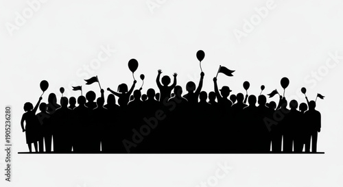 Crowd Silhouette Celebrating with Balloons and Flags