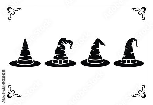 Four Black Witch Hats with Decorative Corners on White Background