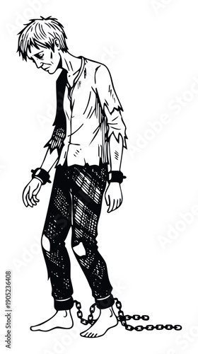 Melancholy prisoner shackled in chains, an emaciated figure depicting themes of despair, sorrow, and human suffering, ideal for historical or dramatic presentations.