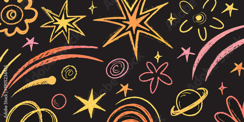 Colorful chalk drawing of stars flowers and celestial shapes on black background