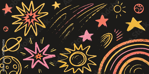 Colorful childlike drawing of stars planets suns and cosmic explosions