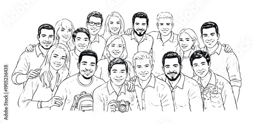 A large group of diverse smiling people including men and women posing happily together representing community friendship or corporate team spirit for various marketing and social media