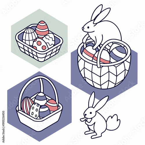 Professional Isometric Easter Icon Set with 3D Geometric Precision Featuring Rabbits, Eggs, and Baskets for Infographics
