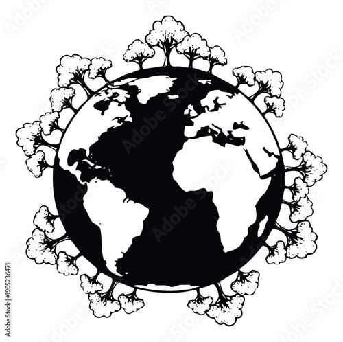 A graphic representation of the globe encircled by numerous trees symbolizing environmental protection and global ecological efforts ideal for campaigns on sustainability and nature