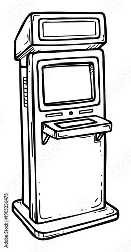 Sketchy black line drawing of a selfservice kiosk with a blank display screen and tray, useful for illustrating technology, customer support, information points, or payment systems.