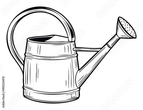 Classic garden watering can black and white line drawing perfect for agricultural guides, home gardening blogs, or plant care instructions