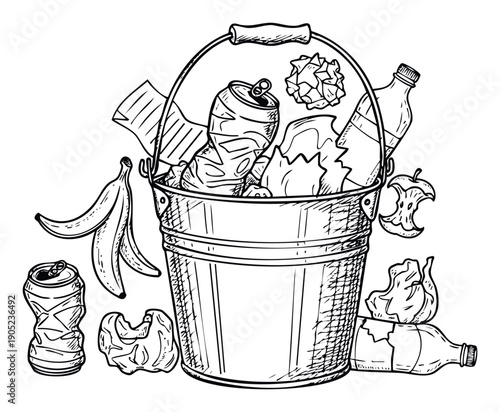 Sketchy drawing depicting a full garbage pail overflowing with diverse household waste materials like plastic bottles, aluminum cans, paper, and organic scraps, suitable for environmental