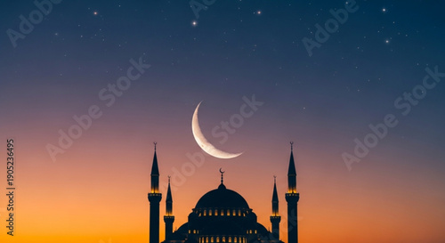 Mosque silhouette at sunset with crescent moon and stars in night sky
