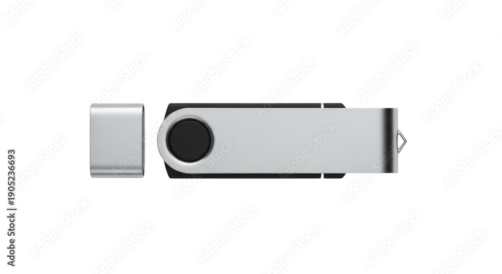 Obraz premium 白い背景に分離された、シルバーとブラックのメタリックなUSBフラッシュドライブとキャップのクローズアップ。データストレージ、デジタルバックアップ、情報転送のコンセプト。