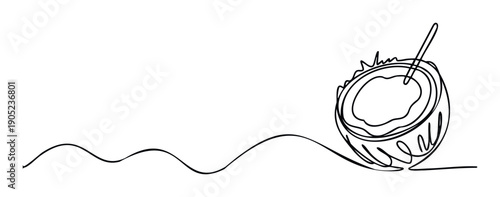 Minimalist black single line drawing of a refreshing tropical coconut drink with a spoon, ideal for summer vacation marketing, healthy lifestyle content, or exotic culinary branding.