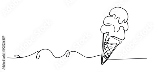 Simple black line drawing illustrating a delicious ice cream cone with scoops, perfect for confectionery branding, dessert shop menus, summer promotions, or sweet treat advertisements.