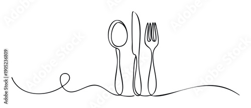 Minimalist continuous line drawing of elegant dining cutlery including a spoon, knife, and fork, ideal for restaurant menus, food blogs, or kitchen decor projects.