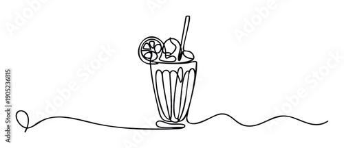 Minimalist one line drawing of a refreshing tall glass with a chilled beverage, lemon slice, and drinking straw, perfect for summer menus, restaurant graphics, and drink promotions.