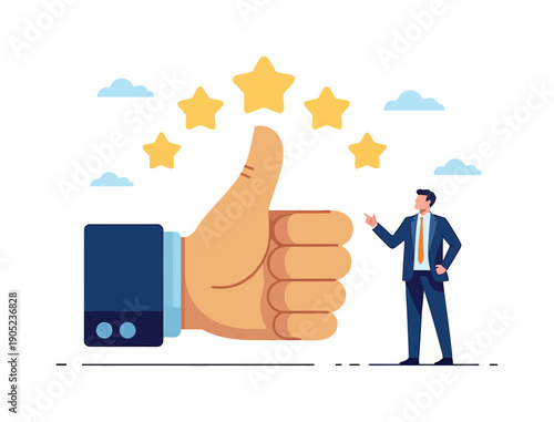 Business man receiving a thumbs up and five stars for excellent customer service