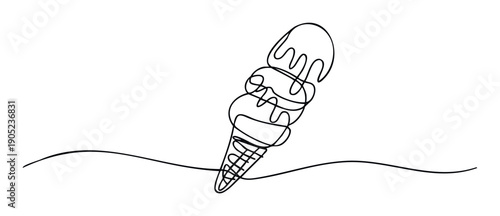Continuous single line art depicting a delicious multi scoop ice cream cone with melting details, ideal for sweet snack advertisements, confectionery branding, or summer event promotions.