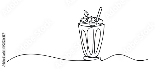 Elegant continuous line drawing of a delicious milkshake served in a classic glass with creamy topping and a drinking straw, perfect for sweet dessert packaging or cafe promotions.