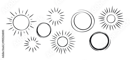 Simple hand drawn sun icons and abstract doodle circle frames provide a minimalist graphic collection perfect for web design social media branding or childrens book illustrations