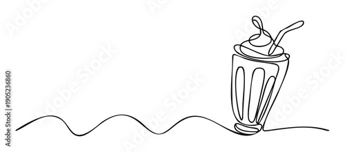 Minimalist one line drawing of a delicious creamy milkshake dessert in a tall glass with a straw and whipped cream perfect for menu graphics or sweet treat promotions