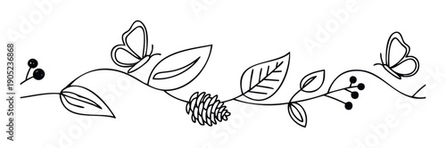 Simple linear botanical illustration featuring a horizontal vine adorned with delicate butterflies, diverse leaves, ripe berries, and a textured pinecone, perfect for organic themed