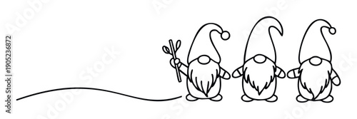 Whimsical continuous outline drawing depicting a trio of joyful gnomes with pointed hats and long beards, one holding branches, ideal for Christmas decorations or winterthemed invitations.