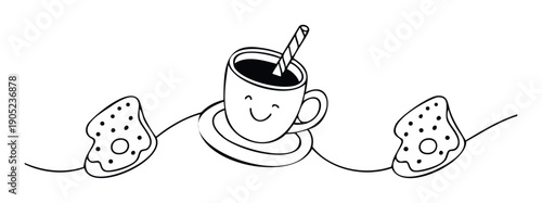 Playful doodle line drawing featuring a smiling coffee cup with a straw centered between two happy toast slices, perfect for childrens menu graphics or cozy morning breakfast promotions.