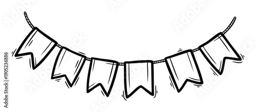 A handdrawn garland of festive pennant flags strung on a rope creates a cheerful celebration decoration for party invitations, event posters, or greeting cards.