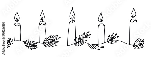 Minimalist hand drawn line work of five burning candles connected by a festive fir branch garland, perfect for winter holiday greeting decorations or seasonal event announcements.