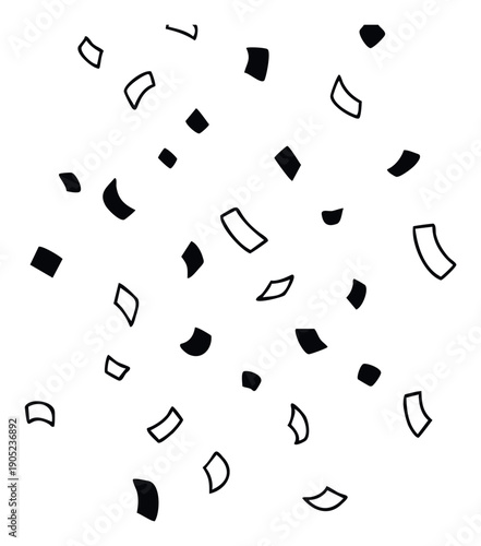 Scattered black and white abstract shapes and outlines creating a dynamic and celebratory mood, ideal for contemporary party invitations, engaging digital content, or graphic overlays.