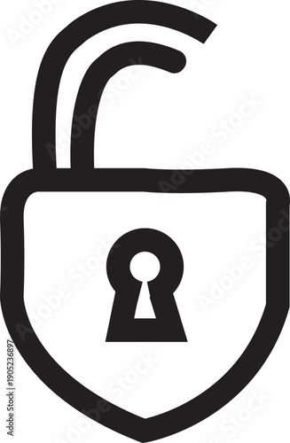 Minimalist open padlock line icon for unlocked access and cybersecurity data permission authorization symbol