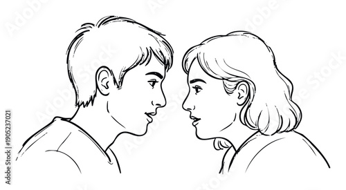 Young man and woman looking at each other with intense expressions, suggesting connection or romance, suitable for relationship and communication themes in various media productions
