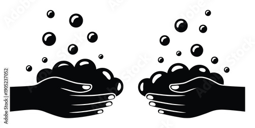 Black and White Illustration of Hands Washing with Soap Bubbles