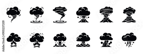 Glyph set representing powerful natural events including swirling tornadoes, erupting volcanoes, and dense smoke clouds, perfect for educational materials and disaster preparedness