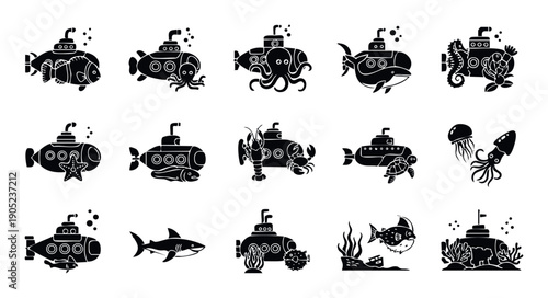 Underwater exploration vehicle collection featuring unique submarines designed with marine life shapes and sea animals, perfect for ocean adventure themes and aquatic concepts.