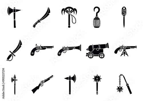 Collection of black silhouette pirate weapons and historical warfare tools, including swords, pistols, cannons, and axes, suitable for gaming assets, educational materials, or themed