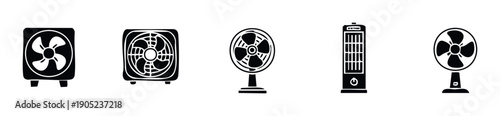 A diverse range of electric fans including tower, pedestal, and box models, presented as simple black and white symbols for appliance product catalogs or informational graphics.