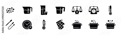 Comprehensive set of black glyph icons representing kitchen tools, cooking measurements, and food preparation processes essential for recipes, culinary guides, and educational infographics.