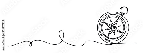 A continuous single line drawing forming a winding path that culminates in a precise compass rose, representing navigation, guidance, and strategic direction for various graphic projects.